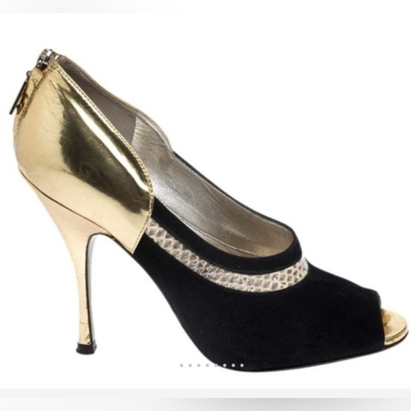 NWT Dolce & Gabbana Gold/Black Leather and Suede Peep Toe Pump Sz 36. 5 (US 6.5) - Picture 3 of 14